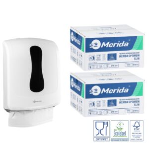 Pojemnik na ręczniki składane MERIDA ONE biały za 1 zł netto przy zakupie 2 kartonów ręczników składanych MERIDA OPTIMUM SLIM ECOLABEL VOB207 (2 x 2700 = 5 400 listków)