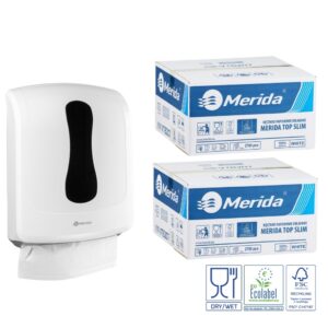 Pojemnik na ręczniki składane MERIDA ONE biały za 1 zł netto przy zakupie 2 kartonów ręczników składanych MERIDA TOP SLIM ECOLABEL VTB207 (2 x 2700 = 5 400 listków)