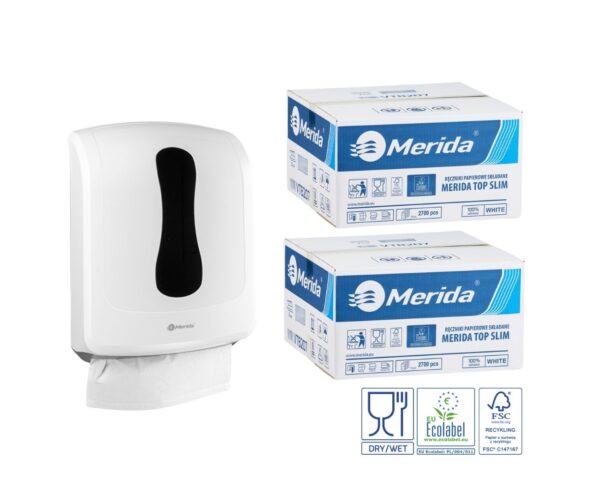 Pojemnik na ręczniki składane MERIDA ONE biały za 1 zł netto przy zakupie 2 kartonów ręczników składanych MERIDA TOP SLIM ECOLABEL VTB207 (2 x 2700 = 5 400 listków)