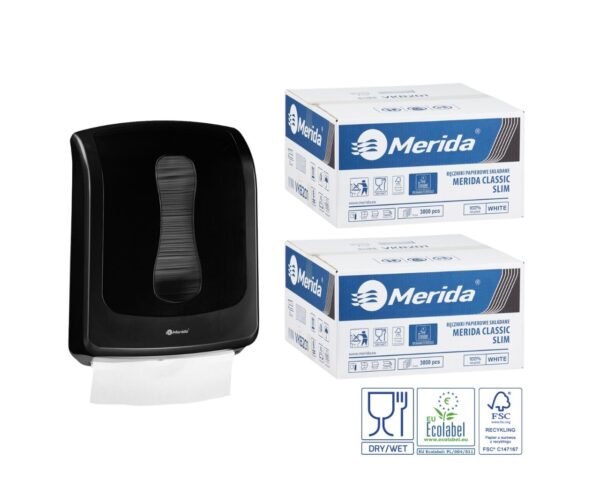 Pojemnik na ręczniki składane MERIDA ONE czarny za 1 zł netto przy zakupie 2 kartonów ręczników składanych MERIDA CLASSIC SLIM ECOLABEL VKB201 (2 x 3000 = 6 000 listków)
