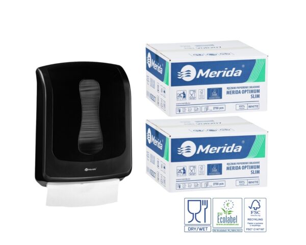 Pojemnik na ręczniki składane MERIDA ONE czarny za 1 zł netto przy zakupie 2 kartonów ręczników składanych MERIDA OPTIMUM SLIM ECOLABEL VOB207 (2 x 2700 = 5 400 listków)