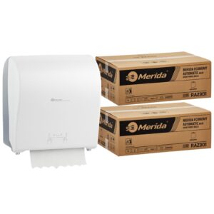 Mechaniczny podajnik ręczników MERIDA SOLID CUT za 100 zł netto przy zakupie 2 kartonów ręczników MERIDA ECONOMY AUTOMATIC RAZ301 (12 x 250 m = 3 000 m, 12 500 listków)