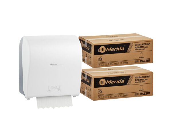 Mechaniczny podajnik ręczników MERIDA SOLID CUT za 100 zł netto przy zakupie 2 kartonów ręczników MERIDA ECONOMY AUTOMATIC RAZ301 (12 x 250 m = 3 000 m, 12 500 listków)