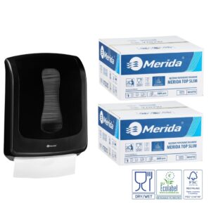 Pojemnik na ręczniki składane MERIDA ONE czarny za 1 zł netto przy zakupie 2 kartonów ręczników składanych MERIDA TOP SLIM ECOLABEL VTB210 (2 x 3000 = 6 000 listków)