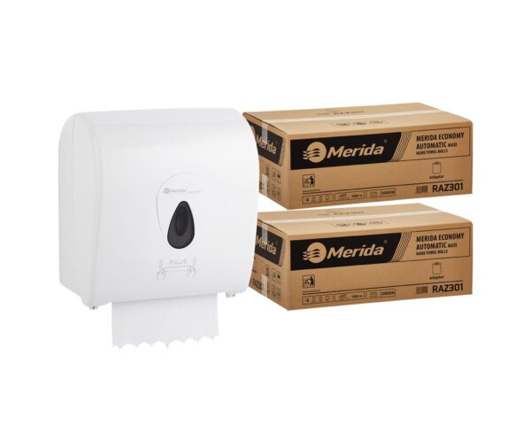 Mechaniczny podajnik ręczników MERIDA TOP szary za 100 zł netto przy zakupie 2 kartonów ręczników MERIDA ECONOMY AUTOMATIC RAZ301 (12 x 250 m = 3 000 m, 12 500 listków)