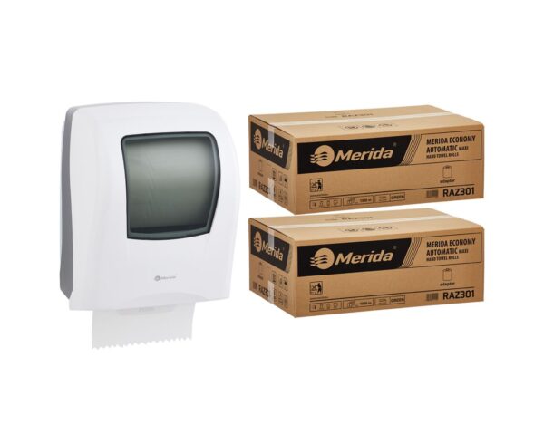 Mechaniczny podajnik ręczników MERIDA ONE biały za 125 zł netto przy zakupie 2 kartonów ręczników MERIDA ECONOMY AUTOMATIC RAZ301 (12 x 250 m = 3 000 m, 11 760 listków) Mechaniczny podajnik ręczników MERIDA ONE biały za 125 zł netto przy zakupie 2 kartonów ręczników MERIDA ECONOMY AUTOMATIC RAZ301 (12 x 250 m = 3 000 m, 11 760 listków)