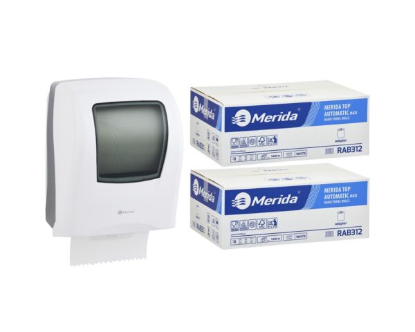 Mechaniczny podajnik ręczników MERIDA ONE biały za 125 zł netto przy zakupie 2 kartonów ręczników MERIDA TOP AUTOMATIC RAB312 (12 x 240 m = 2 800 m, 11 292 listki)