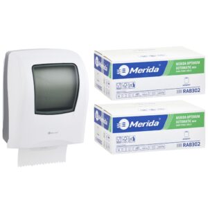Mechaniczny podajnik ręczników MERIDA ONE biały za 125 zł netto przy zakupie 2 kartonów ręczników MERIDA OPTIMUM AUTOMATIC RAB302 (12 x 250 m = 3 000 m, 11 760 listków)