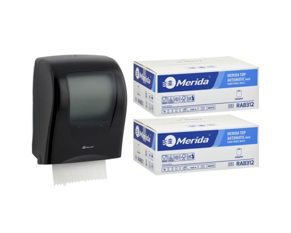 Mechaniczny podajnik ręczników MERIDA ONE czarny za 125 zł netto przy zakupie 2 kartonów ręczników MERIDA TOP AUTOMATIC RAB312 (12 x 240 m = 2 800 m, 11 292 listki) Mechaniczny podajnik ręczników MERIDA ONE czarny za 125 zł netto przy zakupie 2 kartonów ręczników MERIDA TOP AUTOMATIC RAB312 (12 x 240 m = 2 800 m, 11 292 listki)