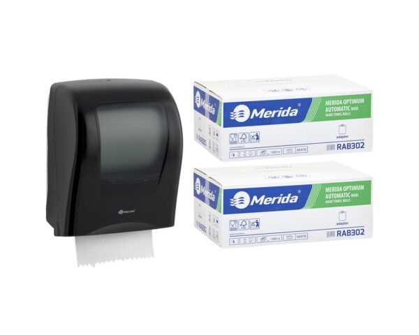 Mechaniczny podajnik ręczników MERIDA ONE czarny za 125 zł netto przy zakupie 2 kartonów ręczników MERIDA OPTIMUM AUTOMATIC RAB302 (12 x 250 m = 3 000 m, 11 760 listków)