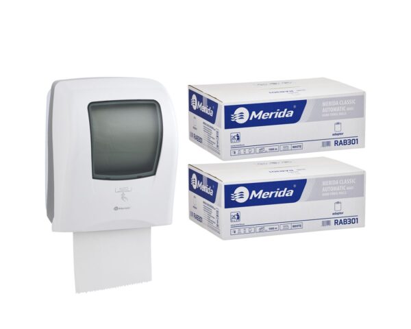 Automatyczny bezdotykowy podajnik ręczników MERIDA ONE biały za 250 zł netto przy zakupie 2 kartonów ręczników MERIDA CLASSIC AUTOMATIC RAB301 (12 x 250 m = 3 000 m, 11 760 listków) Automatyczny bezdotykowy podajnik ręczników MERIDA ONE biały za 250 zł netto przy zakupie 2 kartonów ręczników MERIDA CLASSIC AUTOMATIC RAB301 (12 x 250 m = 3 000 m, 11 760 listków)