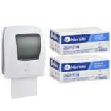 Automatyczny bezdotykowy podajnik ręczników MERIDA ONE biały za 250 zł netto przy zakupie 2 kartonów ręczników MERIDA OPTIMUM AUTOMATIC RAB312 (12 x 250 m = 3 000 m, 11 760 listków)