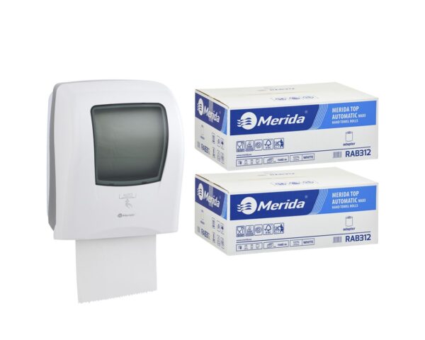 Automatyczny bezdotykowy podajnik ręczników MERIDA ONE biały za 250 zł netto przy zakupie 2 kartonów ręczników MERIDA OPTIMUM AUTOMATIC RAB312 (12 x 250 m = 3 000 m, 11 760 listków) Automatyczny bezdotykowy podajnik ręczników MERIDA ONE biały za 250 zł netto przy zakupie 2 kartonów ręczników MERIDA OPTIMUM AUTOMATIC RAB312 (12 x 250 m = 3 000 m, 11 760 listków)