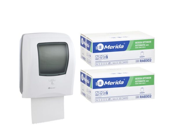Automatyczny bezdotykowy podajnik ręczników MERIDA ONE biały za 250 zł netto przy zakupie 2 kartonów ręczników MERIDA OPTIMUM AUTOMATIC RAB302 (12 x 250 m = 3 000 m, 11 760 listków) Automatyczny bezdotykowy podajnik ręczników MERIDA ONE biały za 250 zł netto przy zakupie 2 kartonów ręczników MERIDA OPTIMUM AUTOMATIC RAB302 (12 x 250 m = 3 000 m, 11 760 listków)