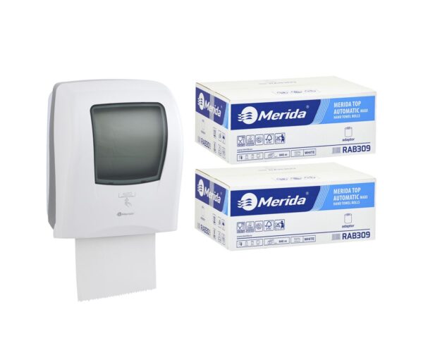 Automatyczny bezdotykowy podajnik ręczników MERIDA ONE biały za 250 zł netto przy zakupie 2 kartonów ręczników MERIDA TOP AUTOMATIC RAB309 (12 x 140 m = 1 680 m, do 8 184 listków)