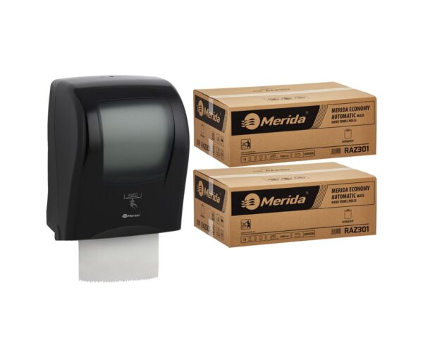 Automatyczny bezdotykowy podajnik ręczników MERIDA ONE czarny za 250 zł netto przy zakupie 2 kartonów ręczników MERIDA ECONOMY AUTOMATIC RAZ301