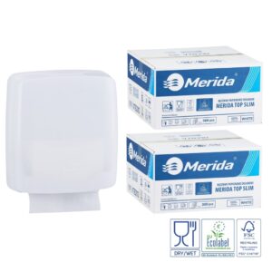 Pojemnik na ręczniki składane MERIDA HARMONY za 1 zł netto przy zakupie 2 kartonów ręczników składanych MERIDA TOP SLIM ECOLABEL VTB210 (2 x 3000 = 6 000 listków)