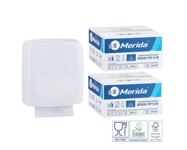 Pojemnik na ręczniki składane MERIDA HARMONY za 1 zł netto przy zakupie 2 kartonów ręczników składanych MERIDA TOP SLIM ECOLABEL VTB210 (2 x 3000 = 6 000 listków)