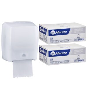 Mechaniczny podajnik ręczników MERIDA HARMONY za 100 zł netto przy zakupie 2 kartonów ręczników MERIDA CLASSIC AUTOMATIC RAB301 (12 x 250 m = 3 000 m, 11 100 listków)