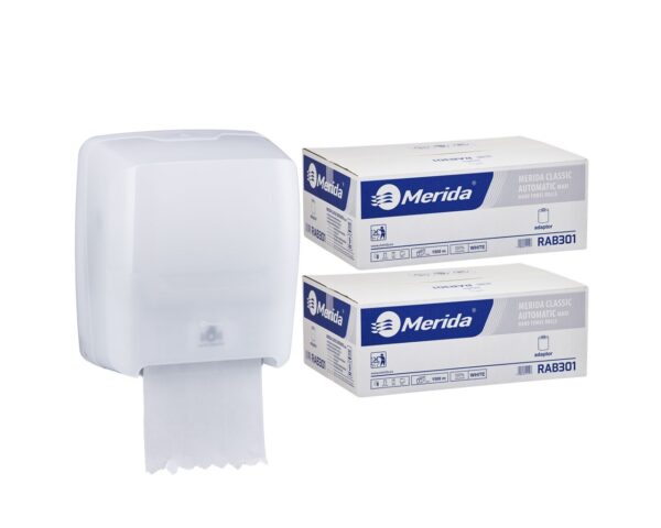 Mechaniczny podajnik ręczników MERIDA HARMONY za 100 zł netto przy zakupie 2 kartonów ręczników MERIDA CLASSIC AUTOMATIC RAB301 (12 x 250 m = 3 000 m, 11 100 listków)