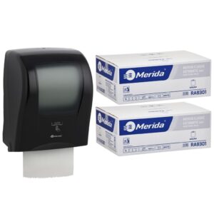 Automatyczny bezdotykowy podajnik ręczników MERIDA ONE czarny za 250 zł netto przy zakupie 2 kartonów ręczników MERIDA CLASSIC AUTOMATIC RAB301 (12 x 250 m = 3 000 m, 11 760 listków)