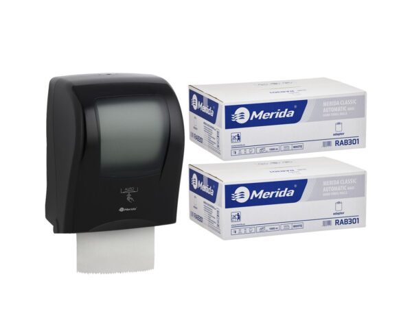 Automatyczny bezdotykowy podajnik ręczników MERIDA ONE czarny za 250 zł netto przy zakupie 2 kartonów ręczników MERIDA CLASSIC AUTOMATIC RAB301 (12 x 250 m = 3 000 m, 11 760 listków) Automatyczny bezdotykowy podajnik ręczników MERIDA ONE czarny za 250 zł netto przy zakupie 2 kartonów ręczników MERIDA CLASSIC AUTOMATIC RAB301 (12 x 250 m = 3 000 m, 11 760 listków)