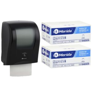 Automatyczny bezdotykowy podajnik ręczników MERIDA ONE czarny za 250 zł netto przy zakupie 2 kartonów ręczników MERIDA TOP AUTOMATIC RAB309 (12 x 140 m = 1 680 m, do 8 184 listków)