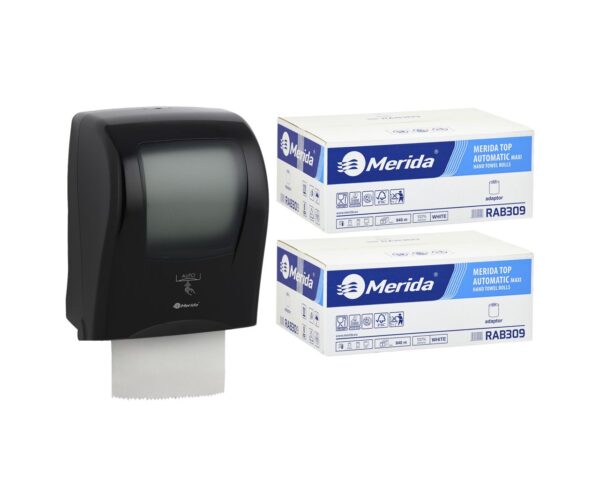 Automatyczny bezdotykowy podajnik ręczników MERIDA ONE czarny za 250 zł netto przy zakupie 2 kartonów ręczników MERIDA TOP AUTOMATIC RAB309 (12 x 140 m = 1 680 m, do 8 184 listków) Automatyczny bezdotykowy podajnik ręczników MERIDA ONE czarny za 250 zł netto przy zakupie 2 kartonów ręczników MERIDA TOP AUTOMATIC RAB309 (12 x 140 m = 1 680 m, do 8 184 listków)