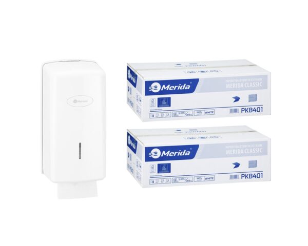 Pojemnik na papier toaletowy w listkach MERIDA ONE za 1 zł netto przy zakupie 2 kartonów papierów toaletowych MERIDA CLASSIC PKB401 (18 000 listków)