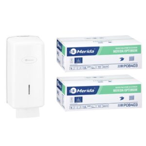 Pojemnik na papier toaletowy w listkach MERIDA ONE za 1 zł netto przy zakupie 2 kartonów papierów toaletowych MERIDA OPTIMUM POB403 (18 000 listków)