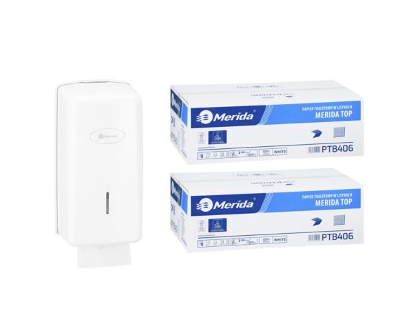 Pojemnik na papier toaletowy w listkach MERIDA ONE za 1 zł netto przy zakupie 2 kartonów papierów toaletowych MERIDA TOP PTB406 (18 000 listków)