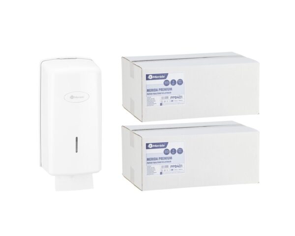 Pojemnik na papier toaletowy w listkach MERIDA ONE za 1 zł netto przy zakupie 2 kartonów papierów toaletowych MERIDA PREMIUM PPB401 (9 600 listków)