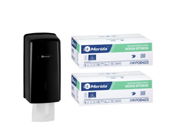 Pojemnik na papier toaletowy w listkach MERIDA ONE za 1 zł netto przy zakupie 2 kartonów papierów toaletowych MERIDA OPTIMUM POB403 (18 000 listków)