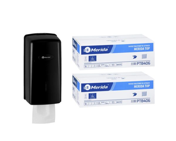 Pojemnik na papier toaletowy w listkach MERIDA ONE za 1 zł netto przy zakupie 2 kartonów papierów toaletowych MERIDA TOP PTB406 (18 000 listków)