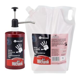 Zestaw pasta do mycia silnie zabrudzonych rąk MERIDA MECHANIK, rubinowa butelka z pompką, 500 g + wkład 1750 g do uzupełnienia