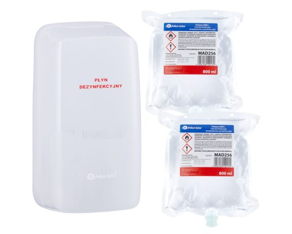 Automatyczny bezdotykowy dozownik płynu dezynfekcyjnego MERIDA HARMONY AUTOMATIC i 2 wkłady z płynem MERIDA POLANA DDR+
