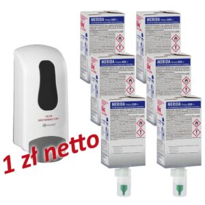 Dozownik płynu dezynfekcyjnego MERIDA ONE biały za 1 zł netto przy zakupie 6 wkładów z płynem MERIDA POLANA DDR+