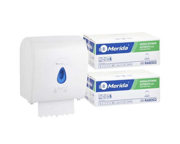 Mechaniczny podajnik ręczników MERIDA TOP niebieski za 100 zł netto przy zakupie 2 kartonów ręczników MERIDA OPTIMUM AUTOMATIC RAB302 (12 x 250 m = 3 000 m, 11 100 listków)