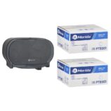 Pojemnik na dwie rolki papieru toaletowego bez gilzy MERIDA ONE czarny za 50 zł netto przy zakupie 2 kartonów papiery toaletowego MERIDA TOP PTB301 (36 x 85 m = 3060 m, 12 240 listków)