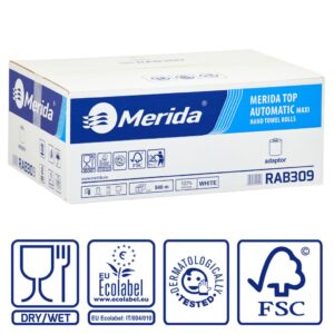 Ręczniki papierowe w roli z adaptorem MERIDA TOP AUTOMATIC MAXI, białe, średnica 19 cm, długość 140 m, dwuwarstwowe, karton 6 rolek, ECOLABEL