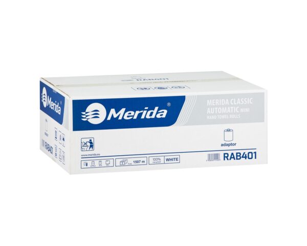 Ręczniki papierowe w roli z adaptorem MERIDA OPTIMUM AUTOMATIC MINI, białe, średnica 14,5 cm, długość 137 m, jednowarstwowe, karton 11 rolek Ręczniki papierowe w roli z adaptorem MERIDA OPTIMUM AUTOMATIC MINI, białe, średnica 14,5 cm, długość 137 m, jednowarstwowe, karton 11 rolek