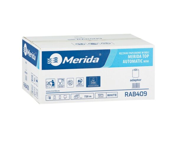 Ręczniki papierowe w roli z adaptorem MERIDA TOP AUTOMATIC MINI, białe, średnica 16 cm, długość 120 m, dwuwarstwowe, karton 6 rolek Ręczniki papierowe w roli z adaptorem MERIDA TOP AUTOMATIC MINI, białe, średnica 16 cm, długość 120 m, dwuwarstwowe, karton 6 rolek