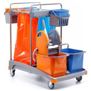 Zestaw do sprzątania, stelaż ze stali nierdzewnej, dwa worki 70 l, dwa wiadra 20 l, 3 wiadra pomocnicze 6 l, prasa do mopów, TSS-0014