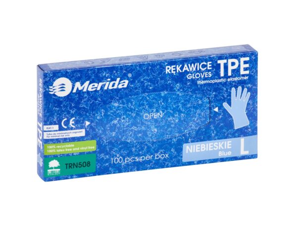 Rękawice elastomerowe TPE, niebieskie, rozmiar L, opakowanie 100 szt. Rękawice elastomerowe TPE, niebieskie, rozmiar L, opakowanie 100 szt.