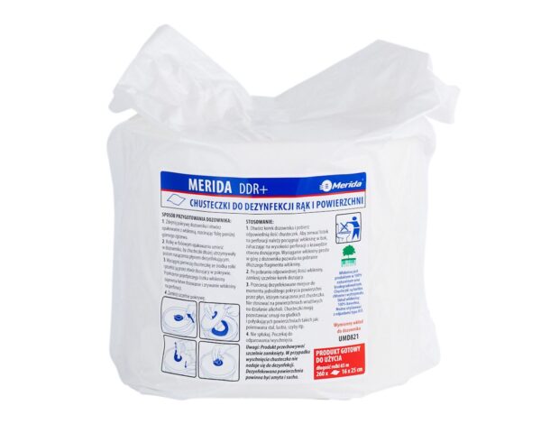 Chusteczki nasączone do chirurgicznej i higienicznej dezynfekcji rąk i powierzchni MERIDA POLANA DDR+, wkład uzupełniający do wiadra 6 l, 65 m, 260 listków Chusteczki nasączone do chirurgicznej i higienicznej dezynfekcji rąk i powierzchni MERIDA POLANA DDR+, wkład uzupełniający do wiadra 6 l, 65 m, 260 listków