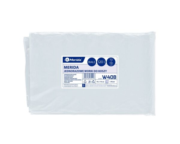 Worki na śmieci MERIDA, 70 x 110 cm, pojemność 120 l, paczka 50 szt., BIAŁE, LDPE Worki na śmieci MERIDA, 70 x 110 cm, pojemność 120 l, paczka 50 szt., BIAŁE, LDPE