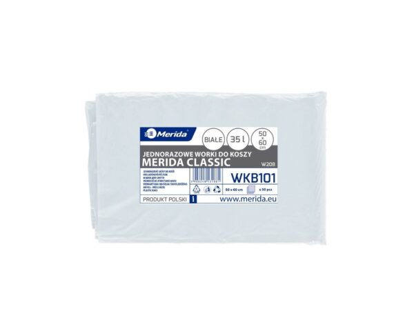 Worki na śmieci MERIDA, 50 x 60 cm, pojemność 35 l, paczka 50 szt., BIAŁE, LDPE