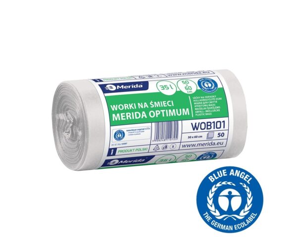 Worki na śmieci 35 l, MERIDA OPTIMUM BLUE ANGEL, białe, 50x60 cm, rolka 50 szt. Worki na śmieci 35 l, MERIDA OPTIMUM BLUE ANGEL, białe, 50x60 cm, rolka 50 szt.