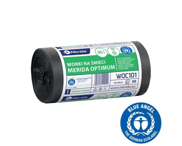 Worki na śmieci 35 l, MERIDA OPTIMUM BLUE ANGEL, czarne, 50x60 cm, rolka 50 szt.