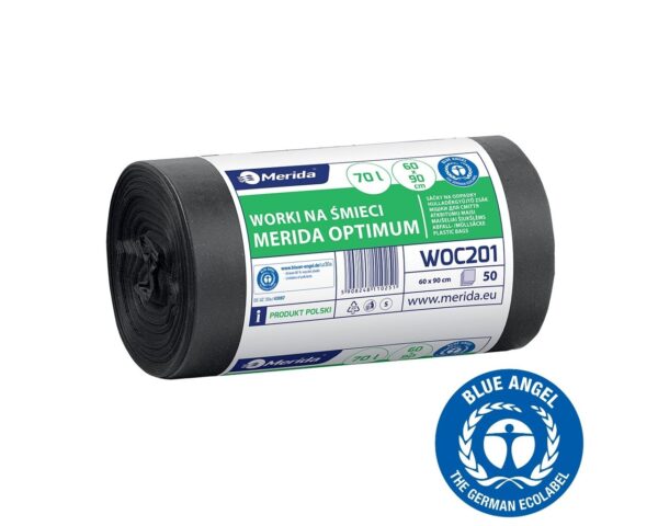 Worki na śmieci 70 l, MERIDA OPTIMUM BLUE ANGEL, czarne, 60x90 cm, rolka 50 szt. Worki na śmieci 70 l, MERIDA OPTIMUM BLUE ANGEL, czarne, 60x90 cm, rolka 50 szt.